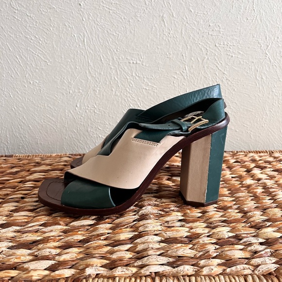 Tory Burch teal green white cream Colorblock Heel geometric sandal sling back 8 - Picture 8 of 10